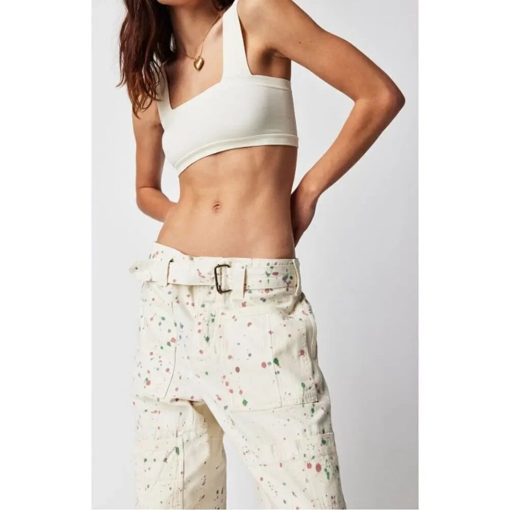 Free People Painter Pants in Ecry Utility Paint Splatter  US 0 NEW